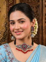 Yaari Collections Premium Quality Peacock Style Floral Chokar Set With Earrings Red