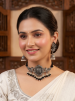 Yaari Collections Premium Quality Peacock Style Floral Chokar Set With Earrings Black