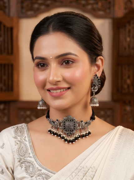 Yaari Collections Premium Quality Peacock Style Floral Chokar Set With Earrings Black