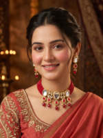 High Quality Rajasthani Meenakari Polki Heavy Necklace In Red Beads With Earrings