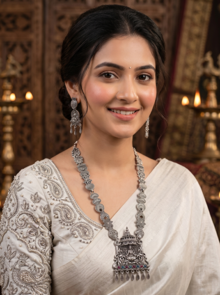 Yaari Collections Special Temple Design Silver Oxidised Necklace Set