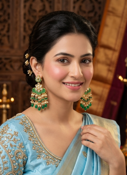 Yaari Collections Special Handcrafted Green Meenakari Gold Plated Kundan & Pearl-Embellished Bridal Chandbali Earrings