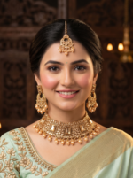Yaari Collections Off-White Traditional Gold Plated Kundan Meena Choker Set with Earrings and Maang Tikka for Women