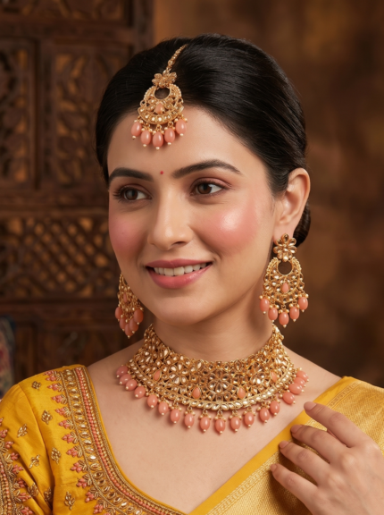 Yaari Collections Pink Traditional Gold Plated Kundan Meena Choker Set with Earrings and Maang Tikka for Women