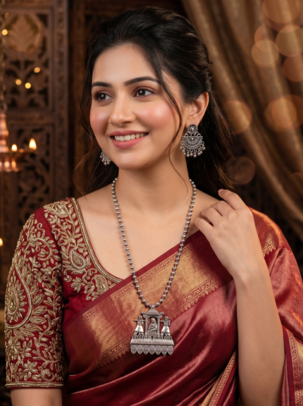 Yaari Collections Royal Elegant Prince Silver Oxidized Pendant Necklace with Earrings Set