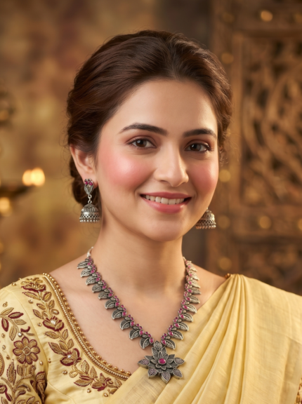 Yaari Collections Oxidised German Silver Floral Pendant Necklace Set with Earrings