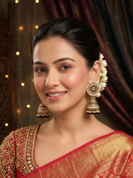 Gold Plated Kundan Meenakari Handcrafted Designer Jhumki Earrings With Laheriya Beads