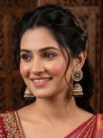 Gold Plated Kundan Meenakari Handcrafted Designer Jhumki Earrings With Laheriya Beads - Image 3