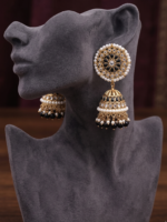 Gold Plated Kundan Meenakari Handcrafted Designer Jhumki Earrings With Laheriya Beads - Image 2