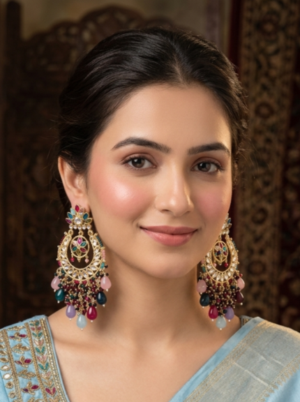 Vibrant Gold Plated Chandbali Earrings with Colorful Gemstone Drops and Kundan Accents