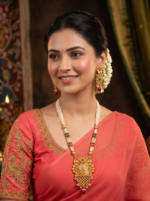Elegant Multi-Strand Pearl & Gold Plated Temple Necklace Set with Intricate Floral Pendant and Matching Earrings