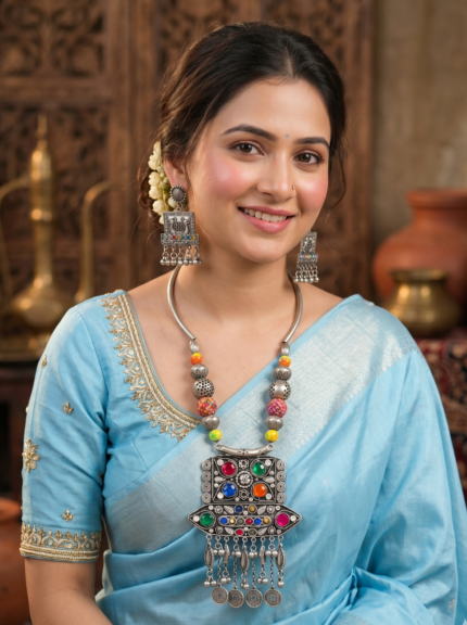 New Traditional Oxidised Silver Ethnic Antique Black Polish Ghungroo Necklace Earrings Set for Women & Girls