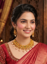 Goddess Lakshmi South Indian Temple Jewelry Set – Traditional Handcrafted Gold Plated Necklace, Earrings
