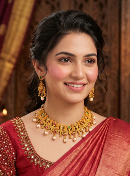 Goddess Lakshmi South Indian Temple Jewelry Set – Traditional Handcrafted Gold Plated Necklace, Earrings