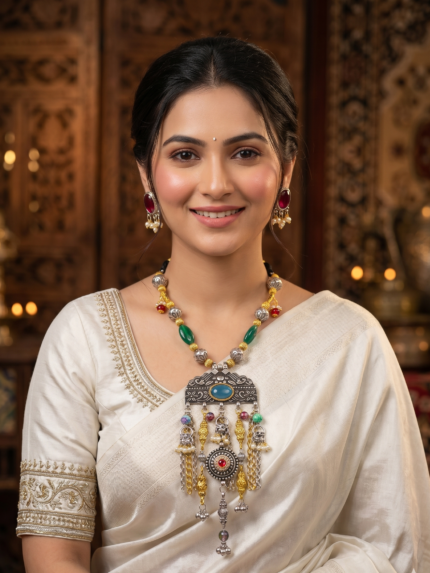 Dual Tone Brass With Monalisa Stones Necklace Set for women