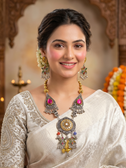 Dual Tone Brass With Monalisa Stones Necklace Set for Girls & women