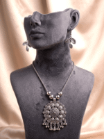 Oxidised German Silver Vintage Floral Statement Necklace & Leaf Drop Earring Set – Antique Silver Finish - Image 2