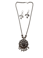 Oxidised German Silver Vintage Floral Statement Necklace & Leaf Drop Earring Set – Antique Silver Finish - Image 5
