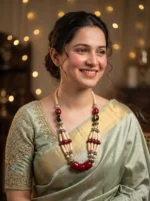 Yaari Collections Handcrafted Red & Ivory Beaded Statement Necklace with Tribal-Inspired Accents