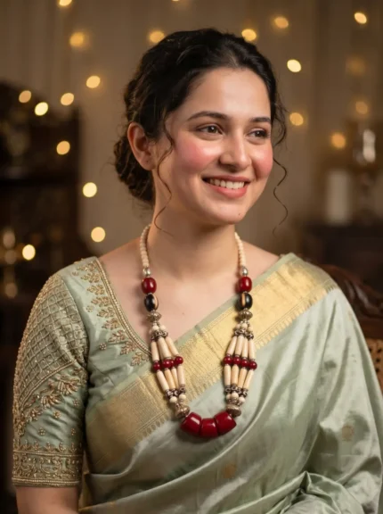Yaari Collections Handcrafted Red & Ivory Beaded Statement Necklace with Tribal-Inspired Accents