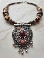 Yaari Collections Handcrafted Tribal Statement Necklace with Carved Beads & Ornate Pendant - Image 5