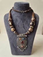 Yaari Collections Handcrafted Tribal Statement Necklace with Carved Beads & Ornate Pendant - Image 3