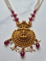 Yaari Collections Gold-Plated Lakshmi Temple Pearl Necklace Set with Ruby Beads | Traditional South Indian Bridal Jewellery with Jhumka Earrings for Women - Image 2