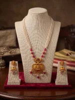 Yaari Collections Gold-Plated Lakshmi Temple Pearl Necklace Set with Ruby Beads | Traditional South Indian Bridal Jewellery with Jhumka Earrings for Women - Image 3