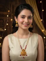 Yaari Collections Gold-Plated Lakshmi Temple Pearl Necklace Set with Ruby Beads | Traditional South Indian Bridal Jewellery with Jhumka Earrings for Women - Image 4
