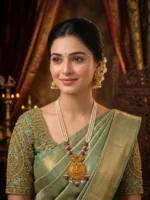 Yaari Collections Gold-Plated Lakshmi Temple Pearl Necklace Set with Ruby Beads | Traditional South Indian Bridal Jewellery with Jhumka Earrings for Women