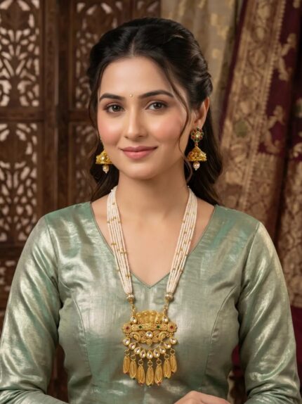 Yaari Collections Gold-Plated Temple Long Necklace Set with Multi-Layer Pearl Mala, Kundan Stones & Peacock Design Pendant | Traditional Bridal Jewellery with Jhumka Earrings for Women