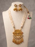 Yaari Collections Gold-Plated Temple Long Necklace Set with Multi-Layer Pearl Mala, Kundan Stones & Peacock Design Pendant | Traditional Bridal Jewellery with Jhumka Earrings for Women - Image 5