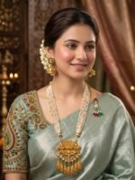 Yaari Collections Gold-Plated Temple Long Necklace Set with Multi-Layer Pearl Mala, Kundan Stones & Peacock Design Pendant | Traditional Bridal Jewellery with Jhumka Earrings for Women - Image 3