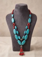 Turquoise & Coral Beaded Statement Necklace – Handmade Boho Ethnic Jewelry with Silver Accents - Image 2