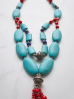 Turquoise & Coral Beaded Statement Necklace – Handmade Boho Ethnic Jewelry with Silver Accents - Image 3