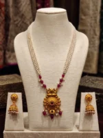 Yaari Collections Gold-Plated Temple Pearl Necklace Set with Ruby Beads & Antique Pendant | Traditional South Indian Bridal Jewellery Set with Jhumka Earrings for Women - Image 2
