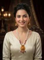 Yaari Collections Gold-Plated Temple Pearl Necklace Set with Ruby Beads & Antique Pendant | Traditional South Indian Bridal Jewellery Set with Jhumka Earrings for Women - Image 4