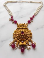 Yaari Collections Gold-Plated Temple Pearl Necklace Set with Ruby Beads & Antique Pendant | Traditional South Indian Bridal Jewellery Set with Jhumka Earrings for Women - Image 5