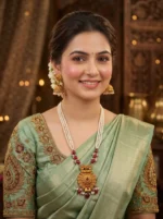 Yaari Collections Gold-Plated Temple Pearl Necklace Set with Ruby Beads & Antique Pendant | Traditional South Indian Bridal Jewellery Set with Jhumka Earrings for Women