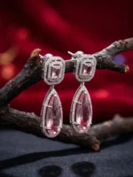 Yaari Collections Silver-Toned American Diamond Drop Earrings with Pink Crystal Stones | Elegant Party Wear Dangle Earrings for Women - Image 2