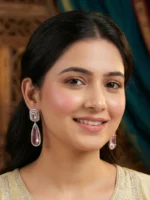 Yaari Collections Silver-Toned American Diamond Drop Earrings with Pink Crystal Stones | Elegant Party Wear Dangle Earrings for Women - Image 4