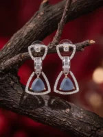 Yaari Collections Silver-Toned American Diamond Geometric Drop Earrings with Blue Crystal | Elegant Party Wear Dangle Earrings for Women - Image 2