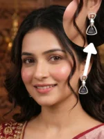 Yaari Collections Silver-Toned American Diamond Geometric Drop Earrings with Blue Crystal | Elegant Party Wear Dangle Earrings for Women