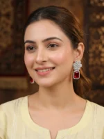 Yaari Collections Silver-Toned American Diamond Floral Drop Earrings with Ruby Red Crystal | Luxury Statement Party Wear Earrings for Women - Image 4