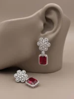 Yaari Collections Silver-Toned American Diamond Floral Drop Earrings with Ruby Red Crystal | Luxury Statement Party Wear Earrings for Women - Image 3