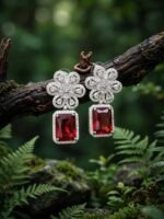 Yaari Collections Silver-Toned American Diamond Floral Drop Earrings with Ruby Red Crystal | Luxury Statement Party Wear Earrings for Women - Image 2
