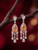 Yaari Collections Silver-Toned American Diamond Drop Earrings with Champagne Crystal | Luxury Dangle Earrings for Women | Party & Wedding Wear - Image 2