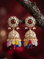 Yaari Collections Gold-Plated Kundan Jhumka Earrings with Multicolor Beads & Pearl Drops | Traditional Statement Earrings for Women | Festive & Party Wear Jewellery - Image 2