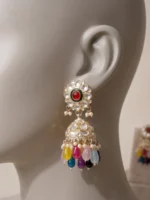 Yaari Collections Gold-Plated Kundan Jhumka Earrings with Multicolor Beads & Pearl Drops | Traditional Statement Earrings for Women | Festive & Party Wear Jewellery - Image 4