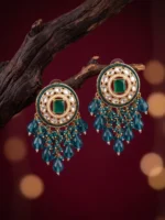Yaari Collections Gold-Plated Kundan Chandbali Earrings with Emerald Stone & Teal Blue Beads | Traditional Statement Drop Earrings for Women | Festive & Party Wear - Image 2